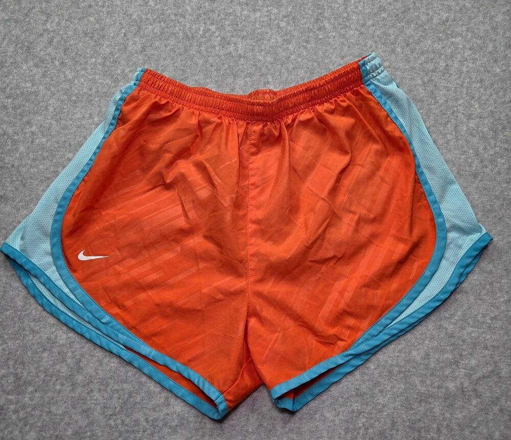 Nike Tempo Women's Medium Running Shorts Orange Tonal Stripe Light Blue Trim